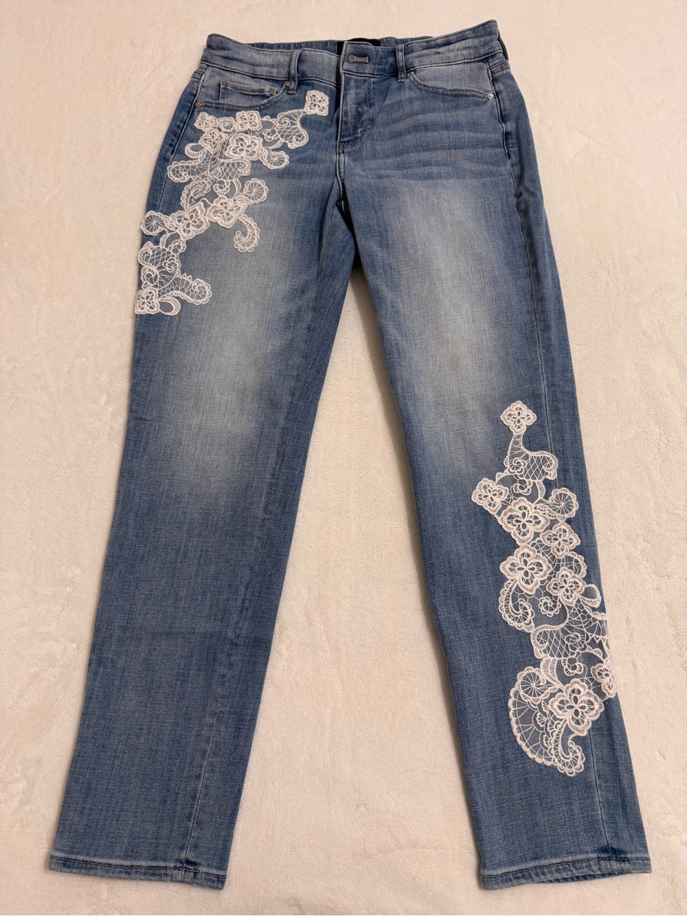 White House Black Market Blue Straight-Leg Jeans with White Lace Applique